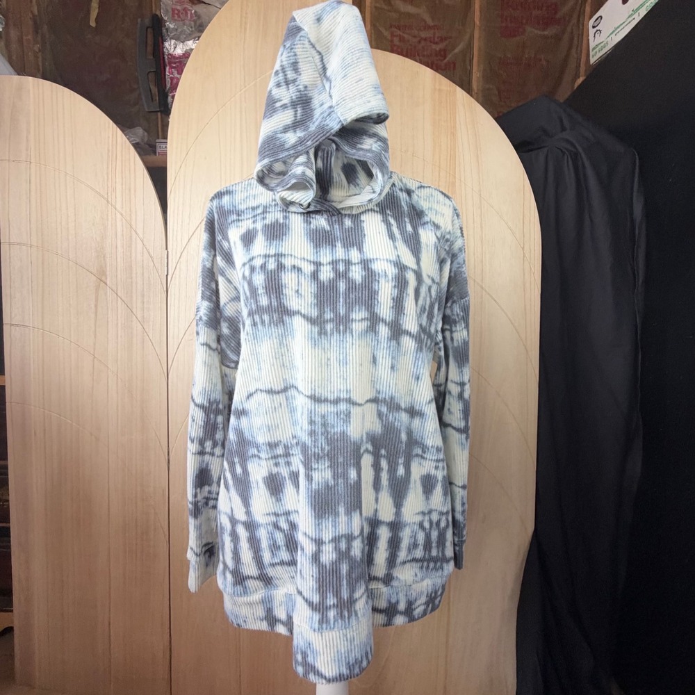 French Laundry Hoodie Womens XL Blue Tie Dye Ribbed Knit Crossover Neck Pullover